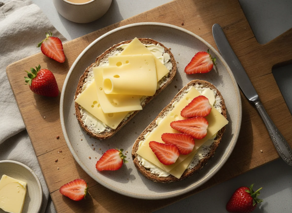 Vollkornbrot mit Käse und Erdbeeren photo
