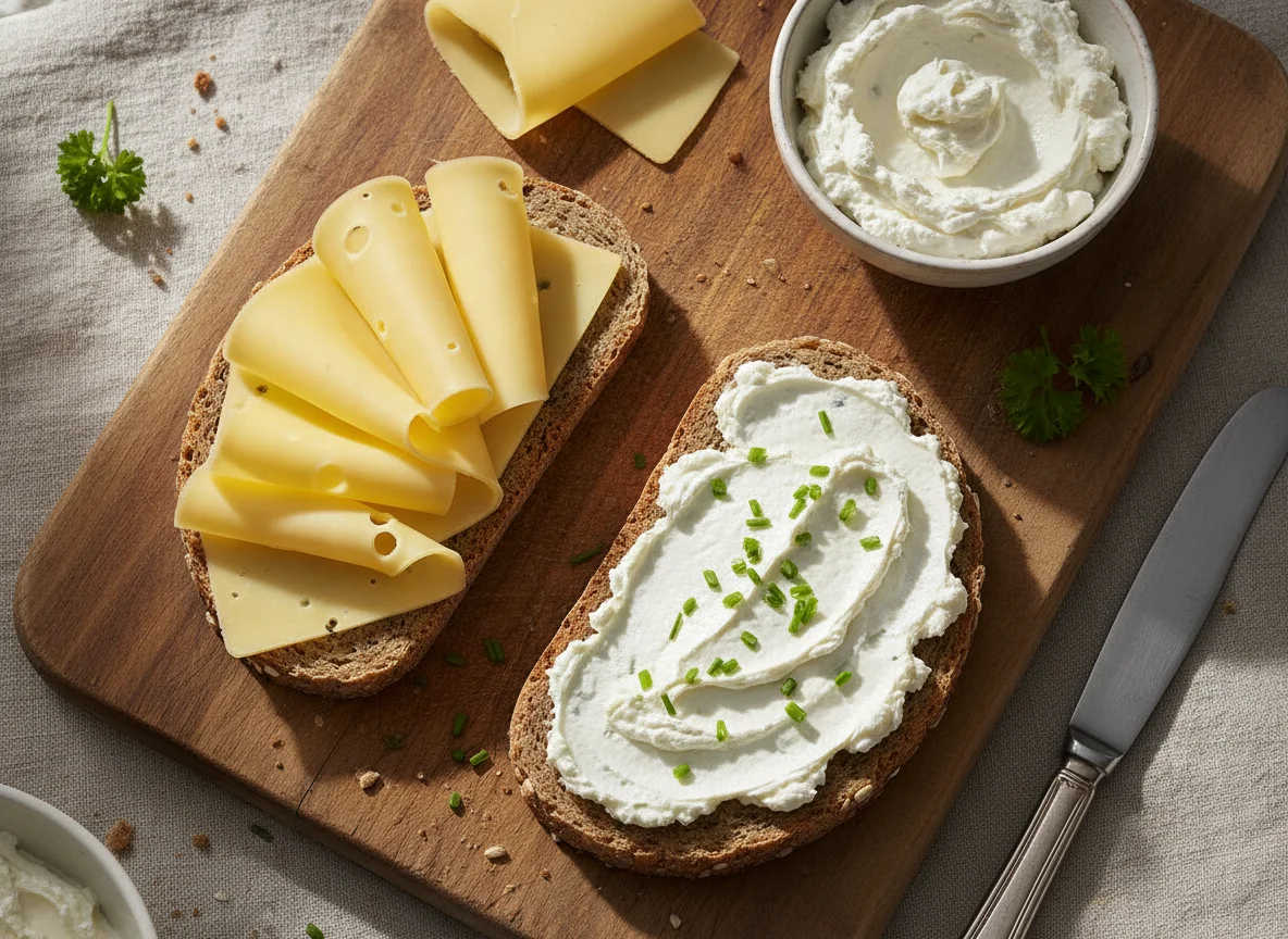 Vollkornbrot mit Käse und Frischkäse photo