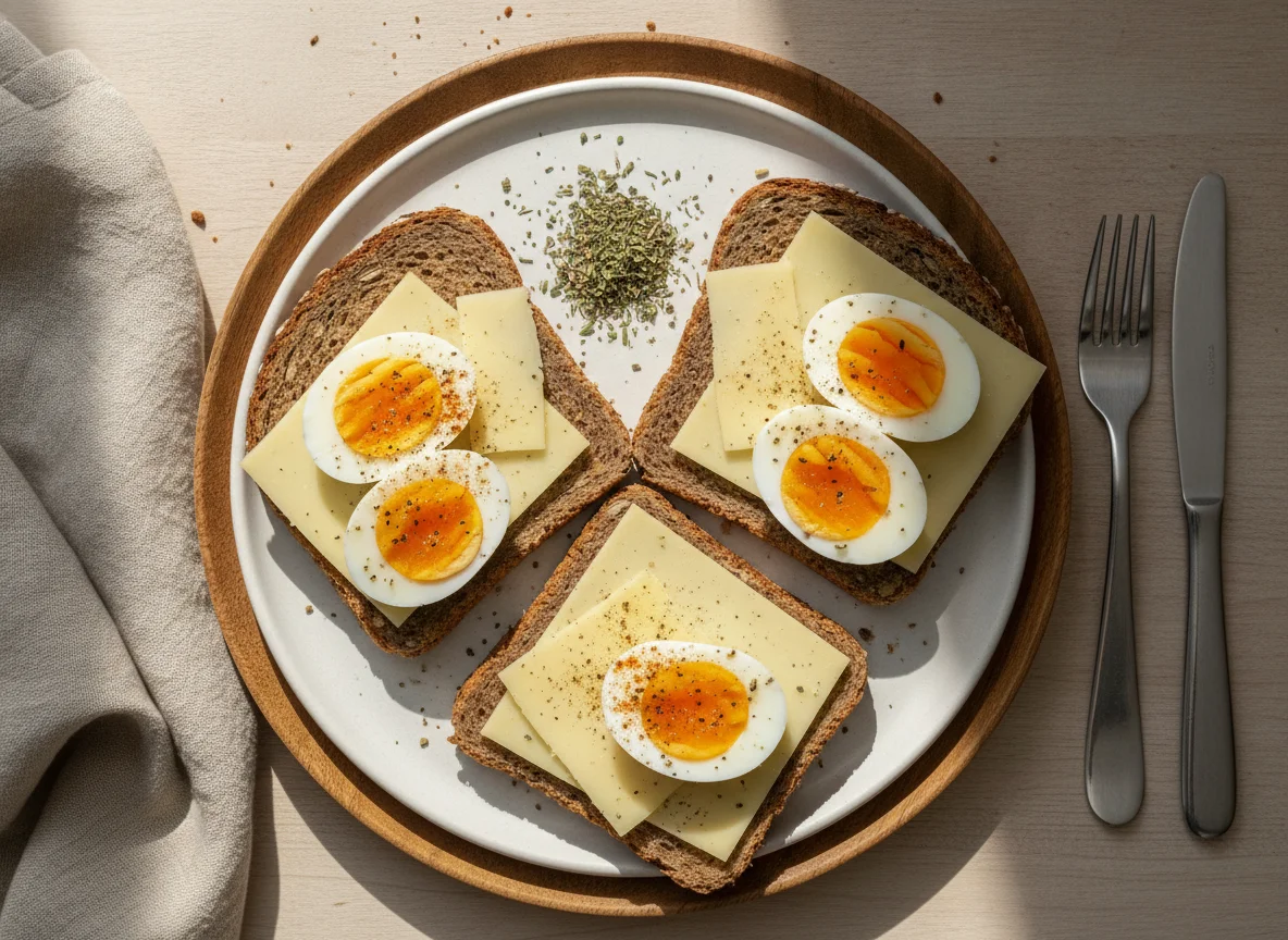 Vollkornbrot mit Käse und gekochten Eiern photo