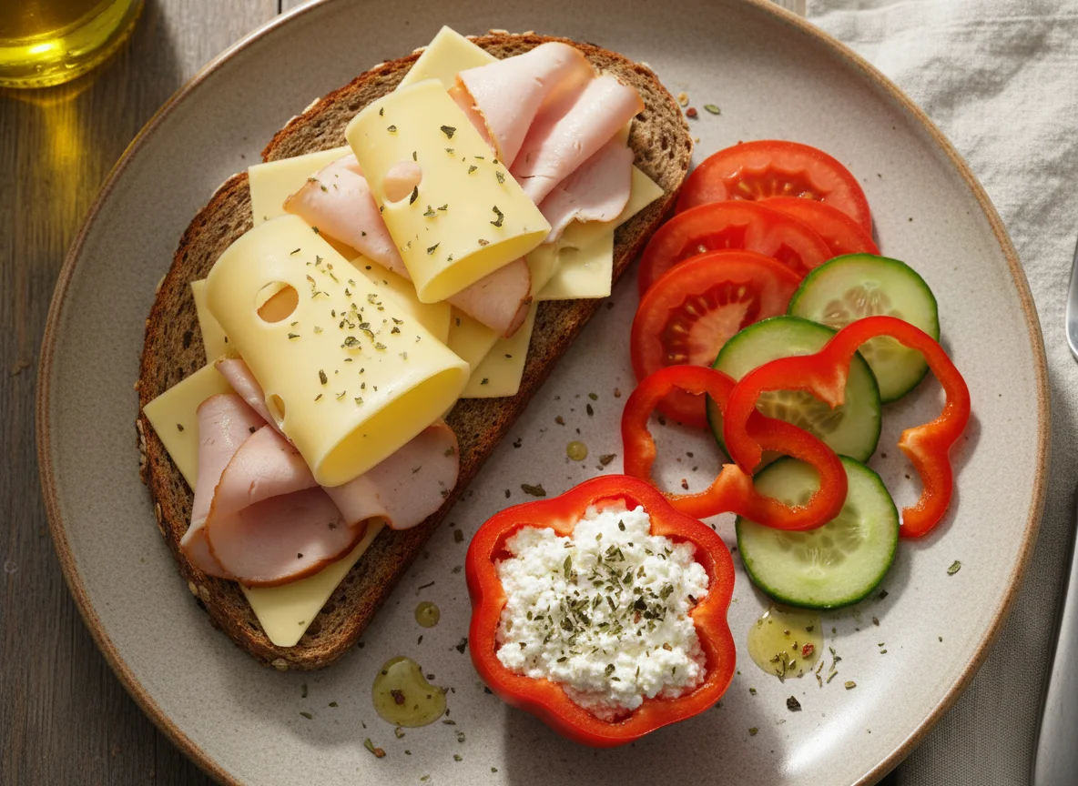 Vollkornbrot mit Käse und Gemüse, gefüllte Paprika photo