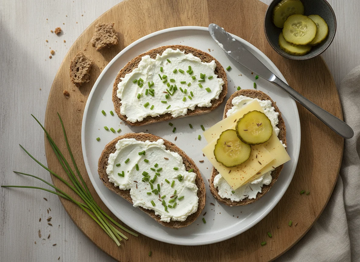 Vollkornbrot mit Käse und Gewürzgurken photo
