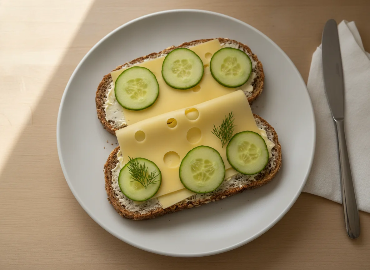 Vollkornbrot mit Käse und Gurkenscheiben photo