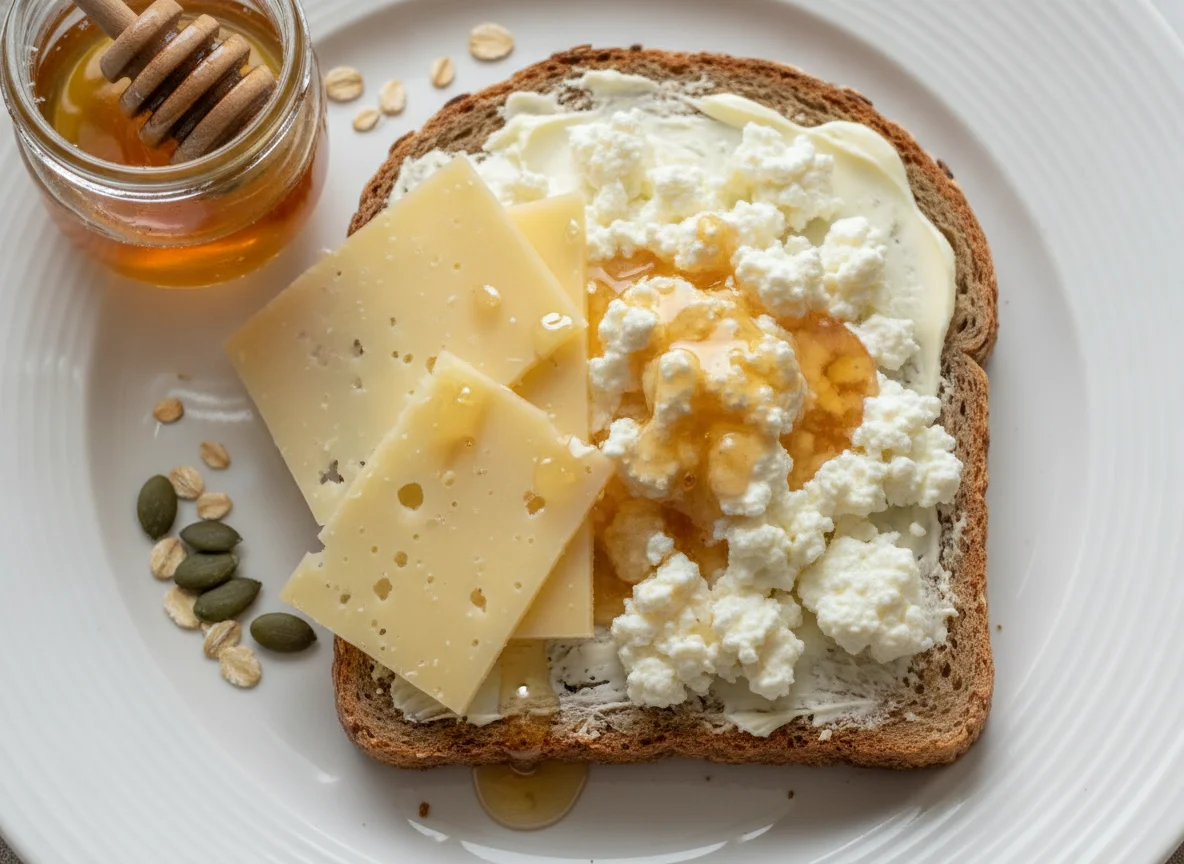 Vollkornbrot mit Käse und Hüttenkäse photo