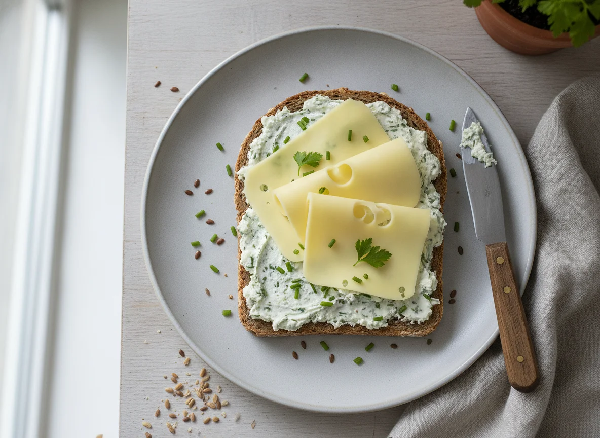 Vollkornbrot mit Käse und Kräuteraufstrich photo