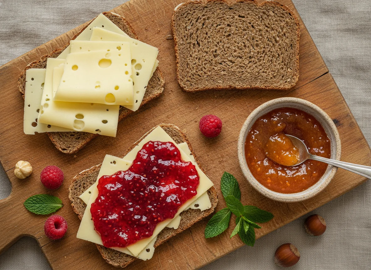 Vollkornbrot mit Käse und Marmelade photo