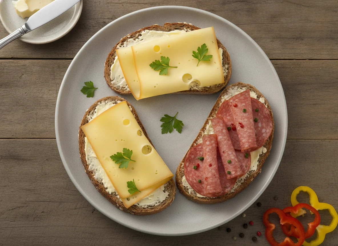 Vollkornbrot mit Käse und Paprikalyoner photo