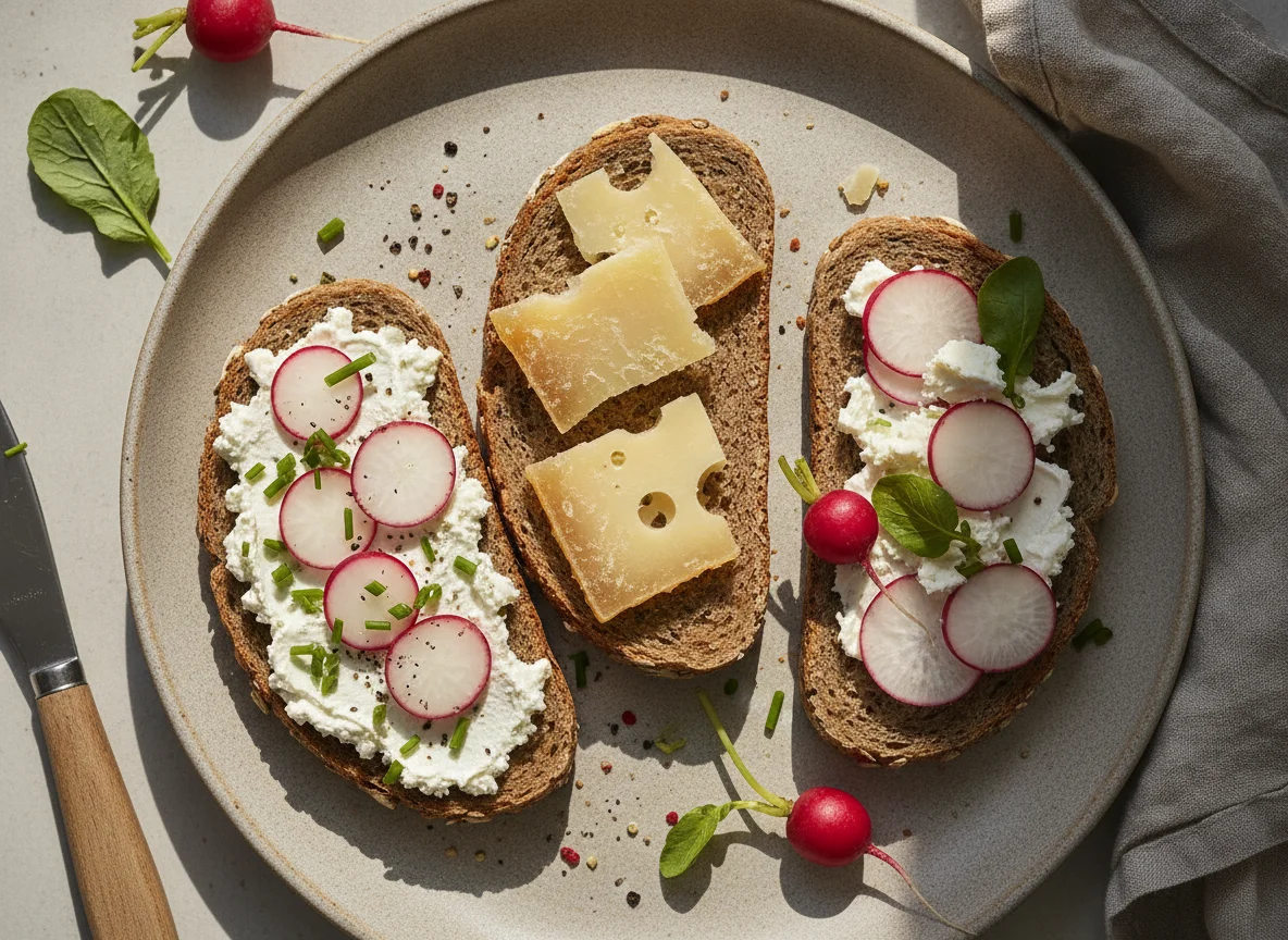 Vollkornbrot mit Käse und Radieschen photo