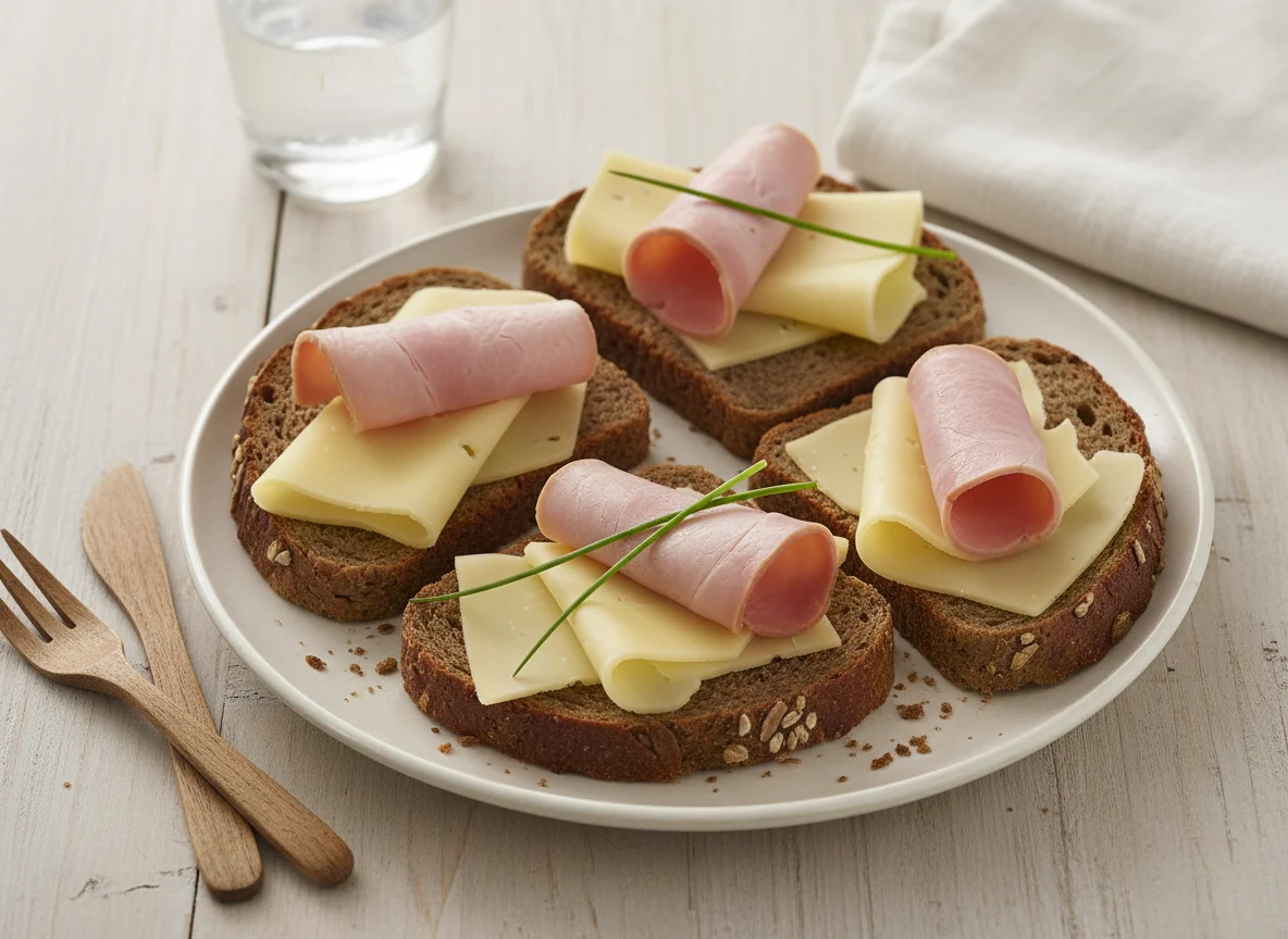 Vollkornbrot mit Käse und Schinken photo