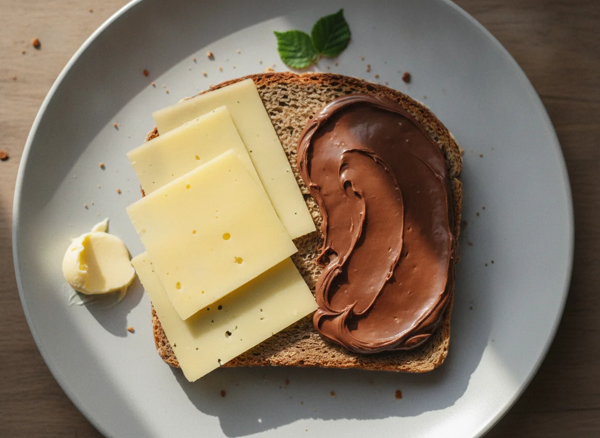 Vollkornbrot mit Käse und Schokoladenaufstrich photo