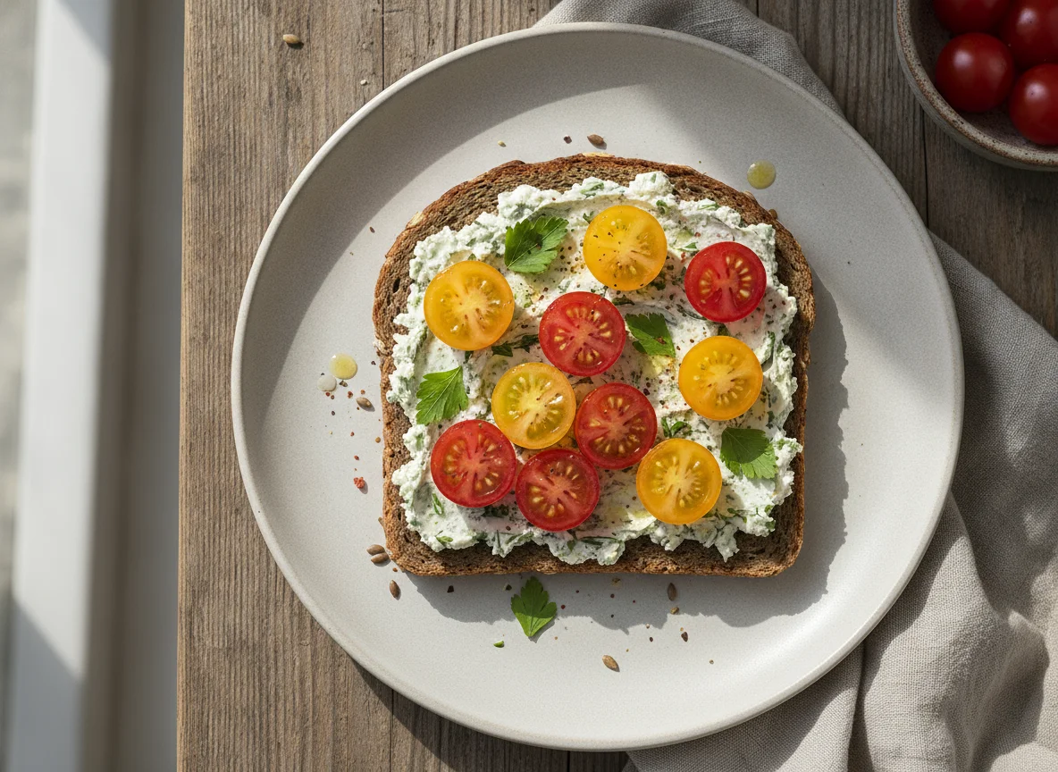 Vollkornbrot mit Kräuterfrischkäse und Kirschtomaten photo