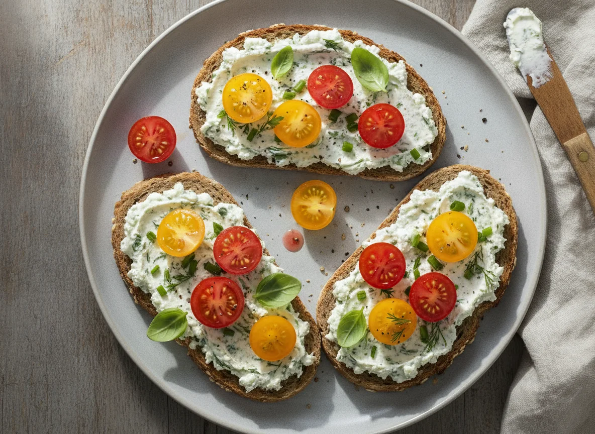 Vollkornbrot mit Kräuterfrischkäse und Tomaten photo