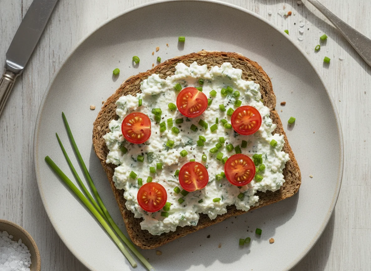 Vollkornbrot mit Kräuterquark und Tomaten photo