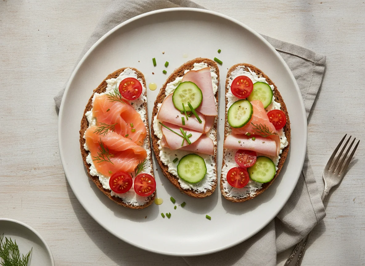 Vollkornbrot mit Lachs, Schinken und Gemüse photo