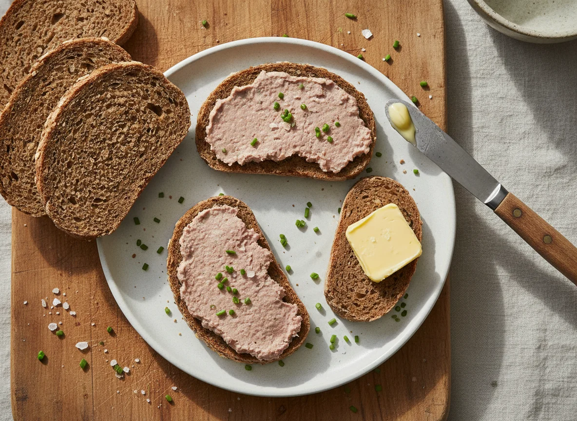 Vollkornbrot mit Leberwurst und Butter photo