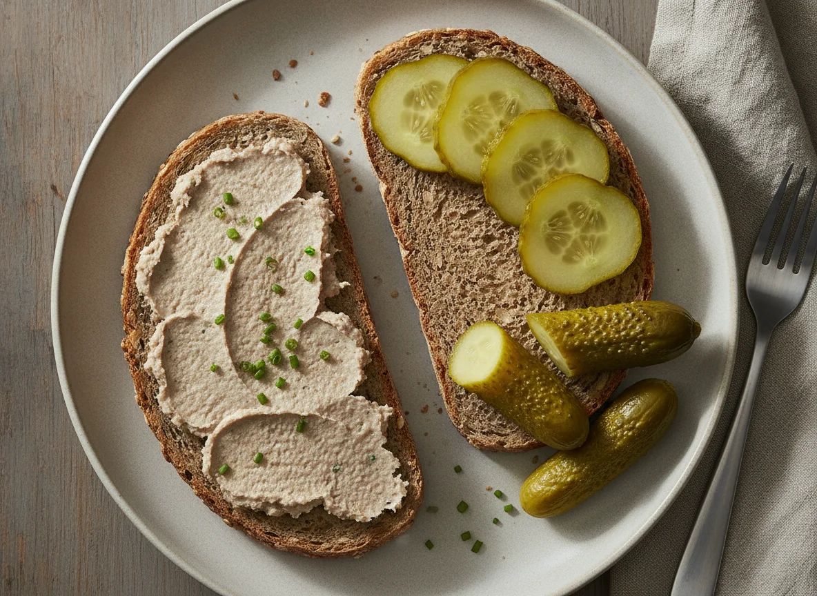Vollkornbrot mit Leberwurst und Gewürzgurken photo