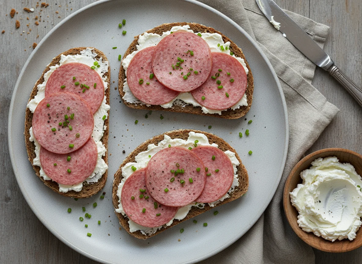 Vollkornbrot mit Lyoner und Frischkäse photo