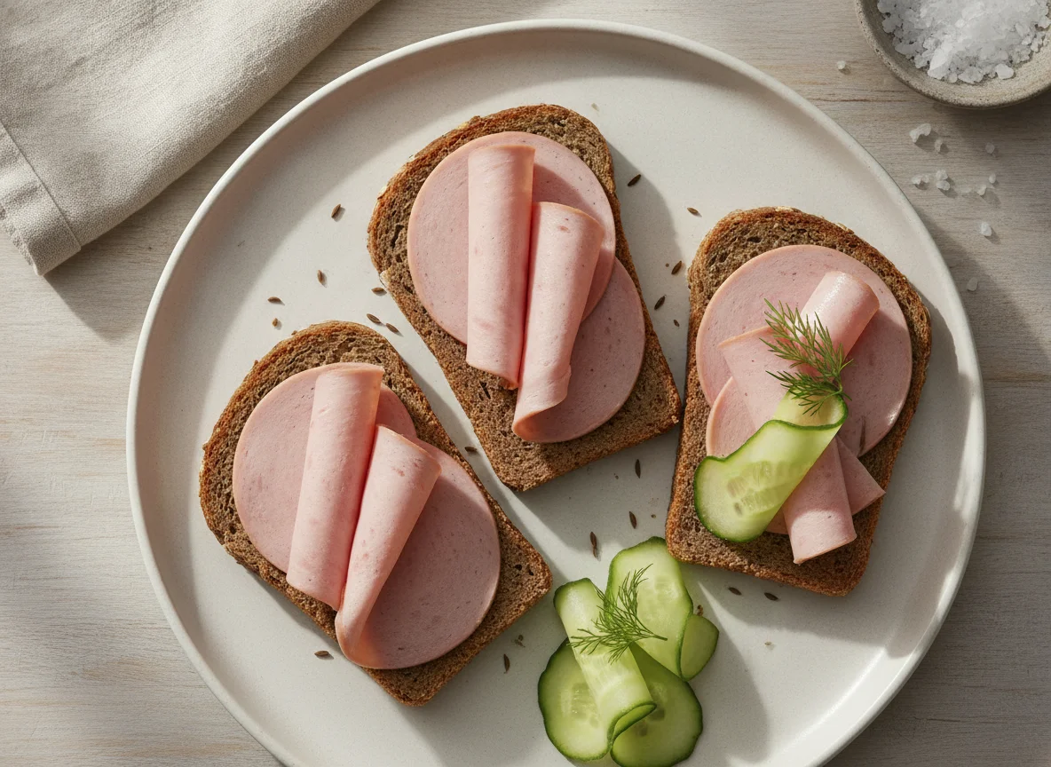 Vollkornbrot mit Lyoner und Gurke photo