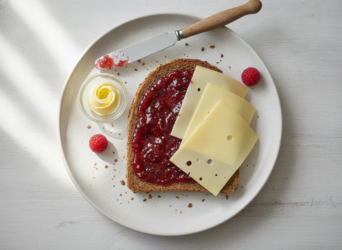 Vollkornbrot mit Marmelade und Käse photo