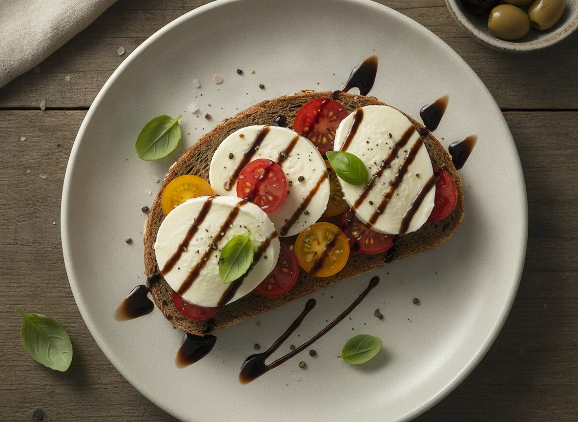 Vollkornbrot mit Mozzarella, Tomaten und Balsamico-Creme photo