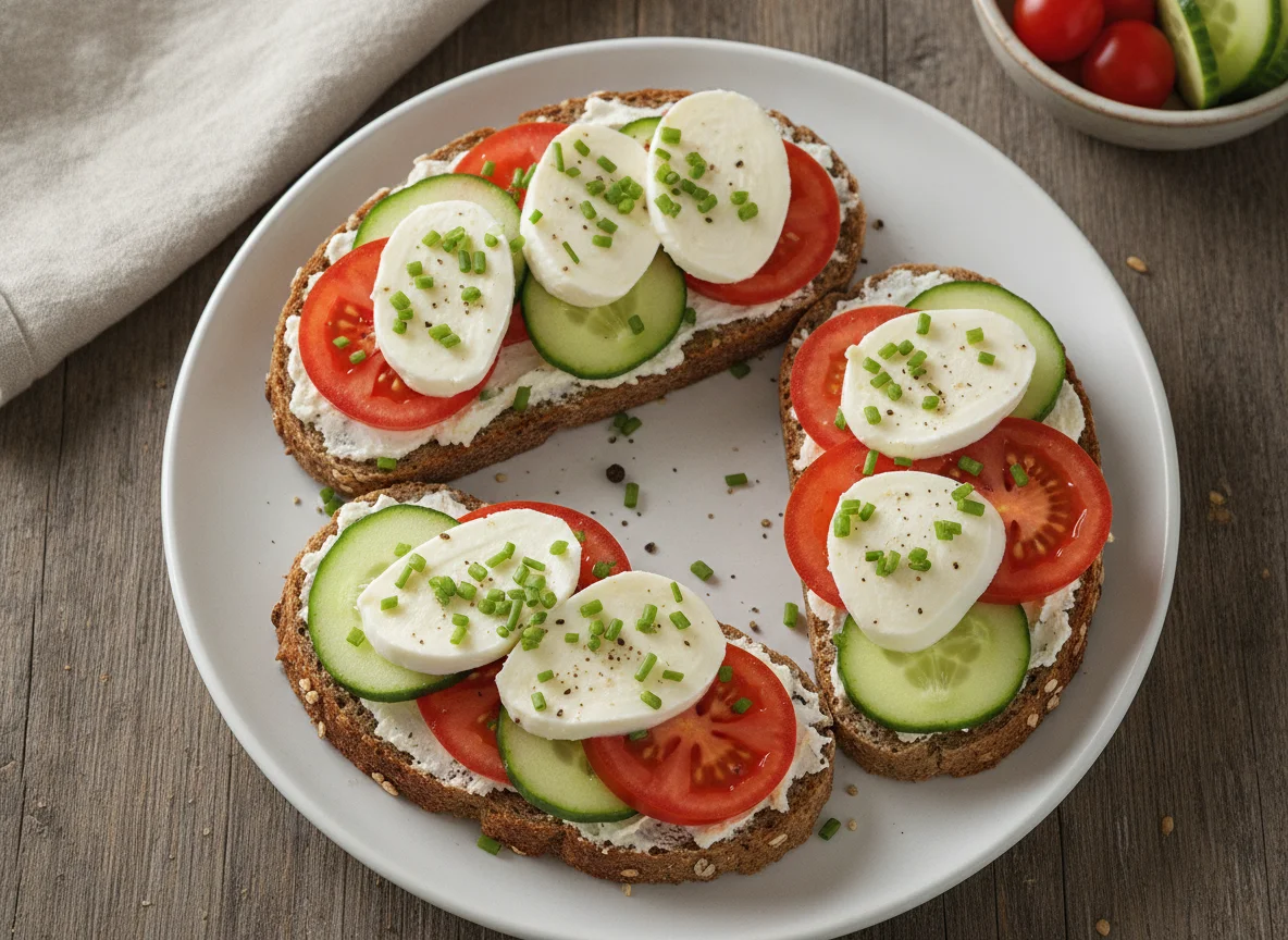 Vollkornbrot mit Mozzarella, Tomaten und Gurken photo