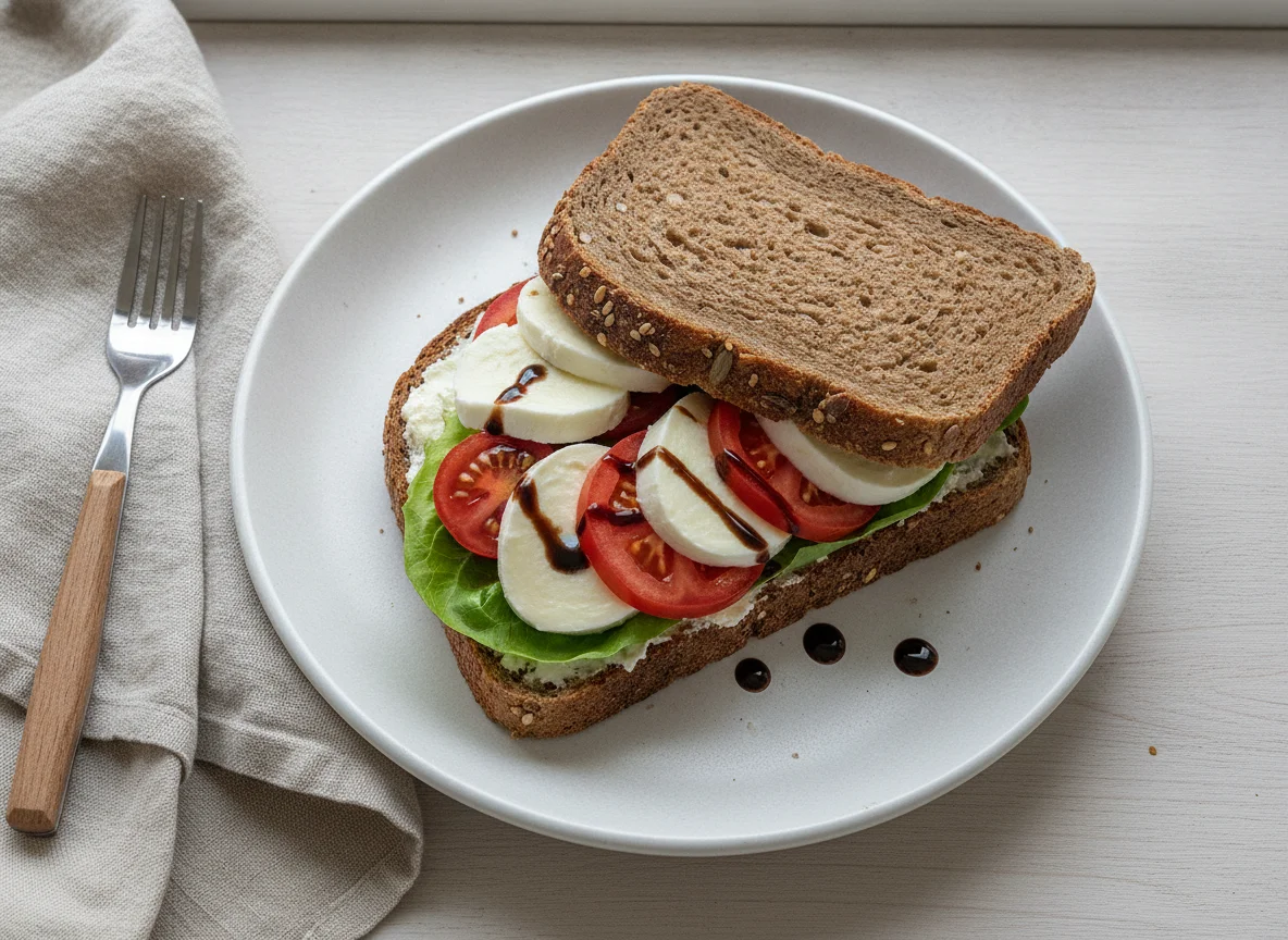 Vollkornbrot mit Mozzarella und Tomaten photo