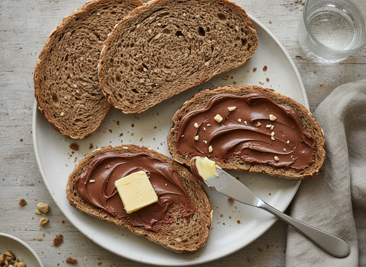 Vollkornbrot mit Nuss-Nougat-Creme und Butter photo