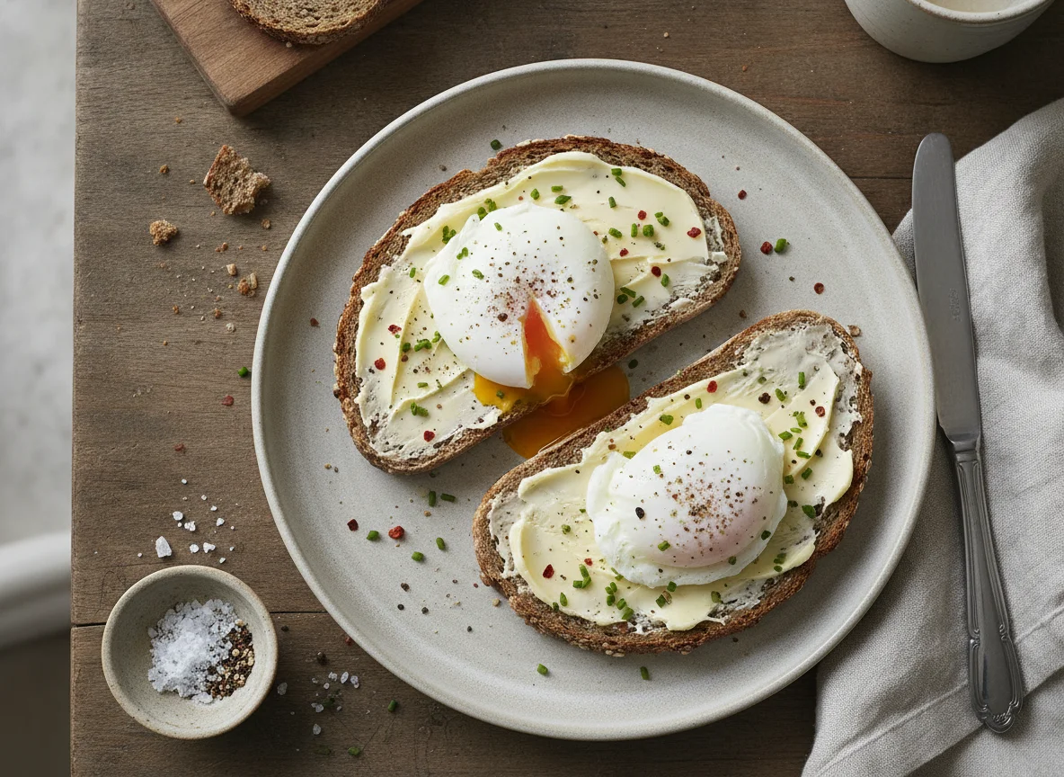 Vollkornbrot mit pochierten Eiern photo
