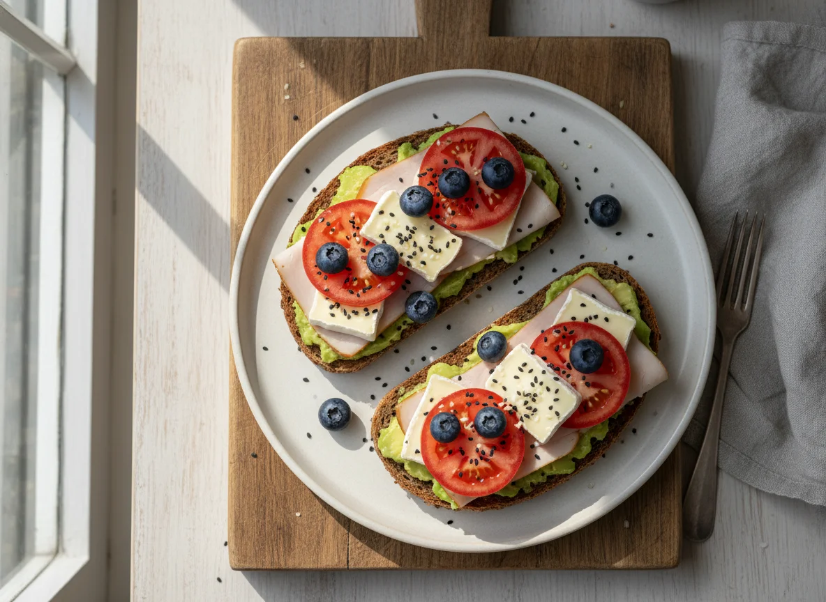 Vollkornbrot mit Putenbrust, Avocado, Tomate und Blaubeeren photo