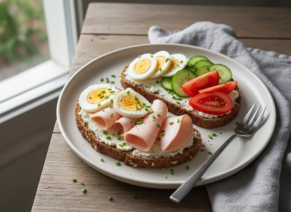 Vollkornbrot mit Putenbrust, Ei, Gurke und Tomate photo