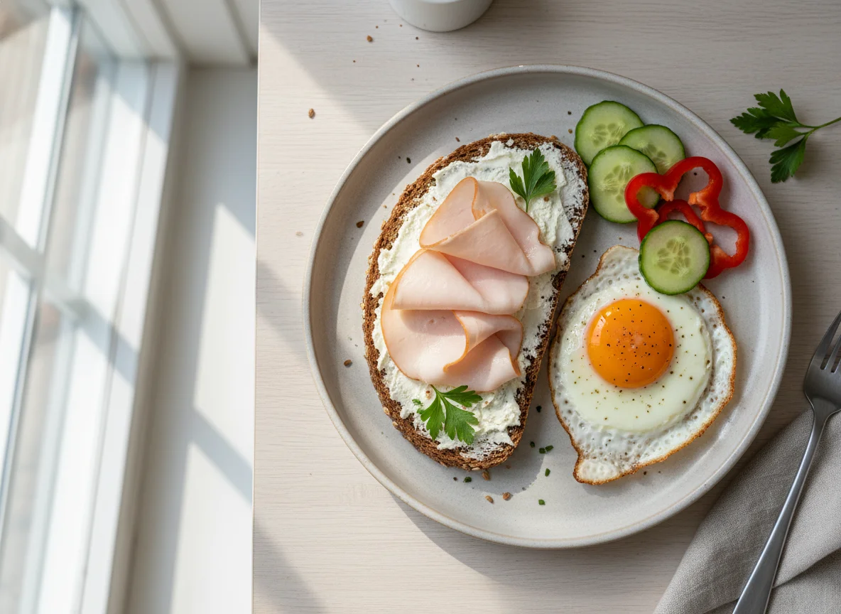 Vollkornbrot mit Putenbrust, Ei und Gemüse photo