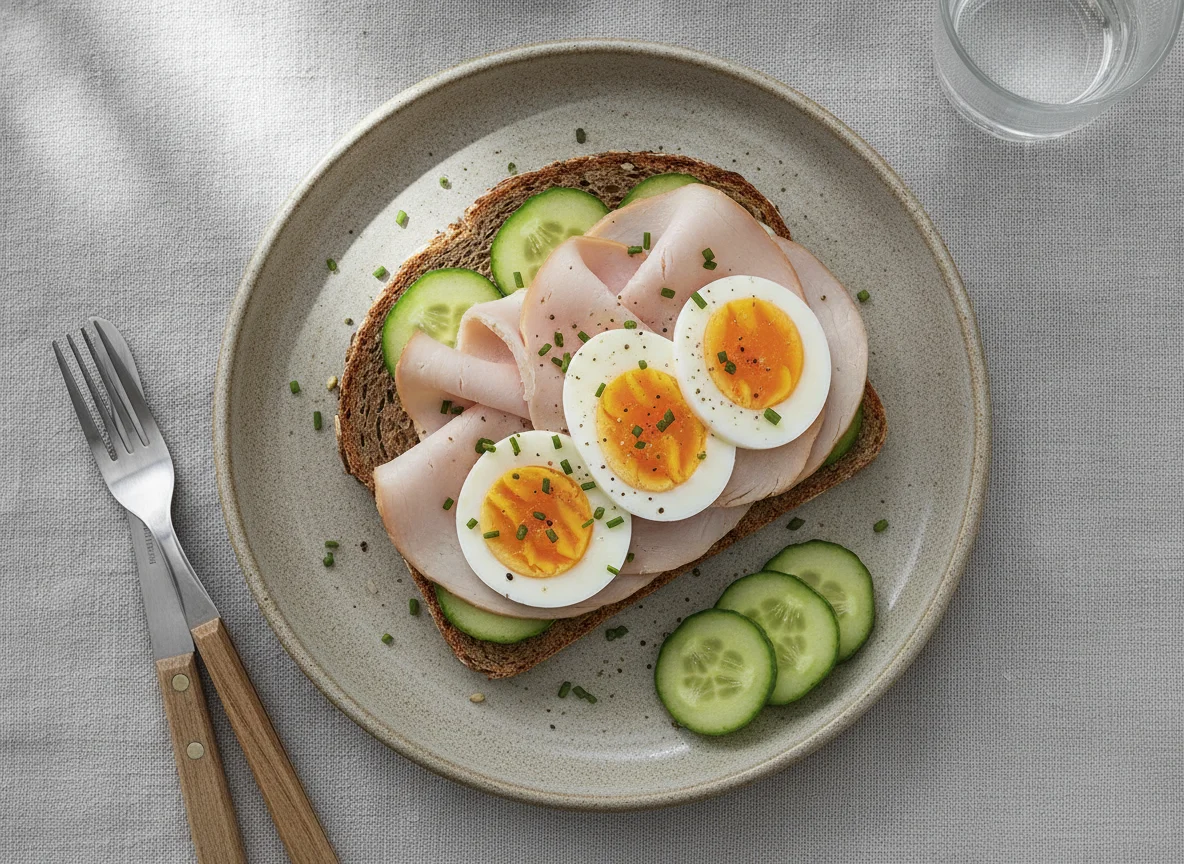 Vollkornbrot mit Putenbrust, Ei und Gurke photo