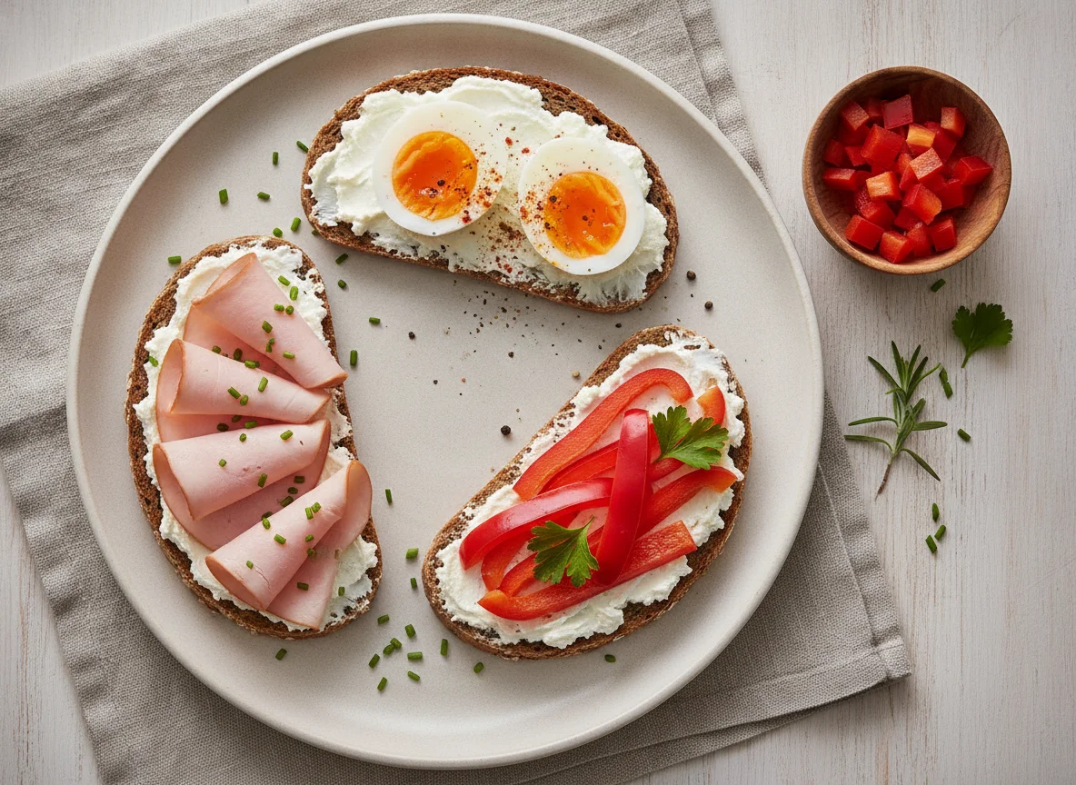 Vollkornbrot mit Putenbrust, Ei und Paprika photo