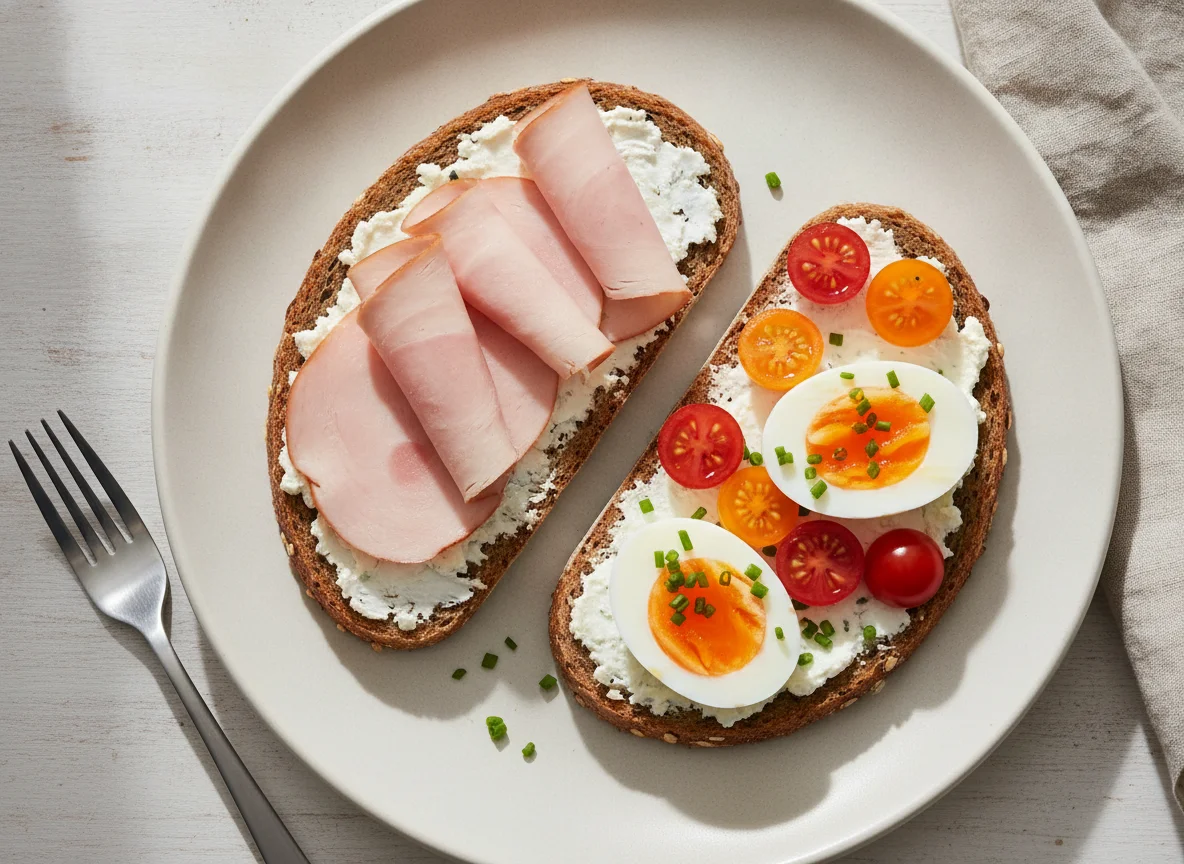 Vollkornbrot mit Putenbrust, Ei und Tomaten photo