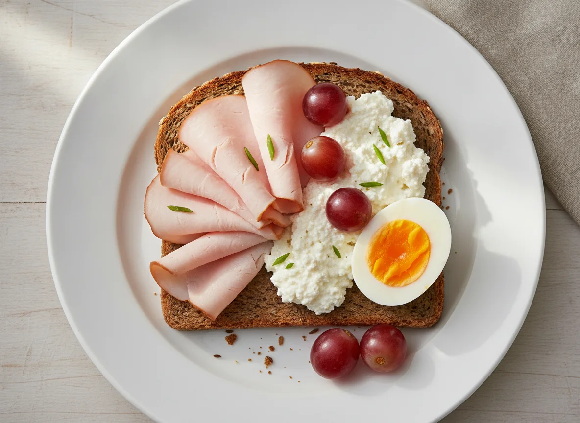 Vollkornbrot mit Putenbrust, Ei und Weintrauben photo