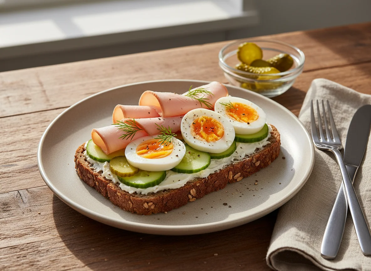 Vollkornbrot mit Putenbrust, Frischkäse, Ei und Gurke photo
