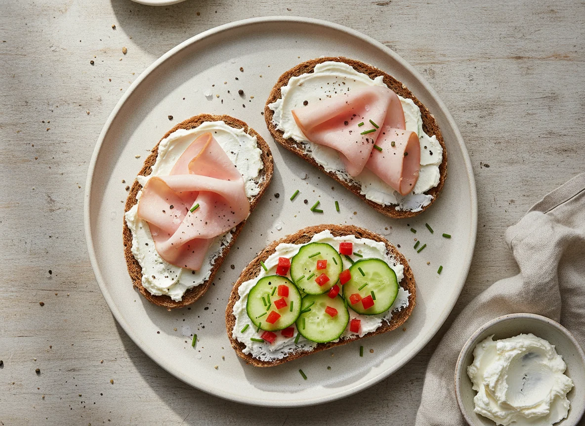 Vollkornbrot mit Putenbrust, Frischkäse und Gemüse photo