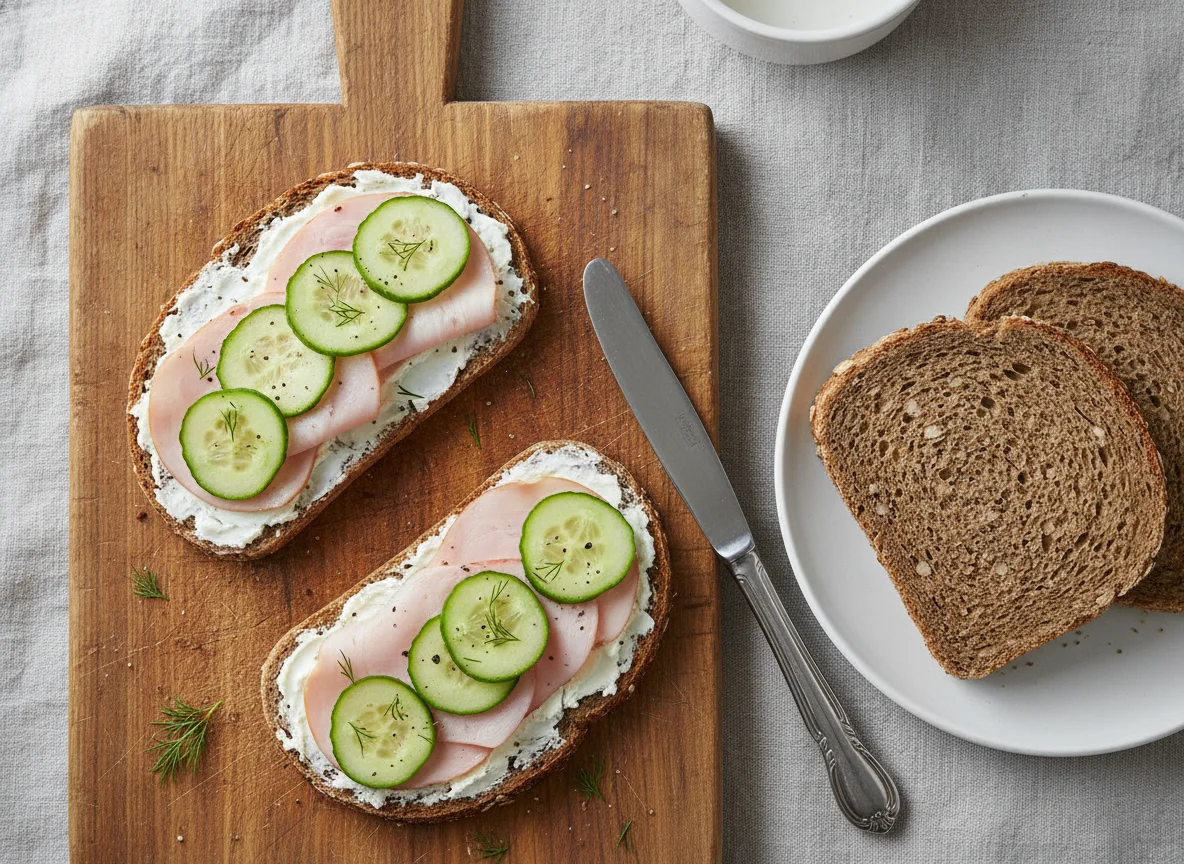 Vollkornbrot mit Putenbrust, Frischkäse und Gurke photo