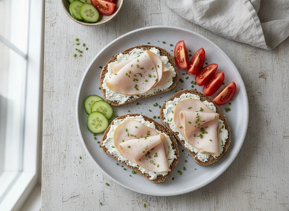 Vollkornbrot mit Putenbrust, Gurken und Tomaten photo