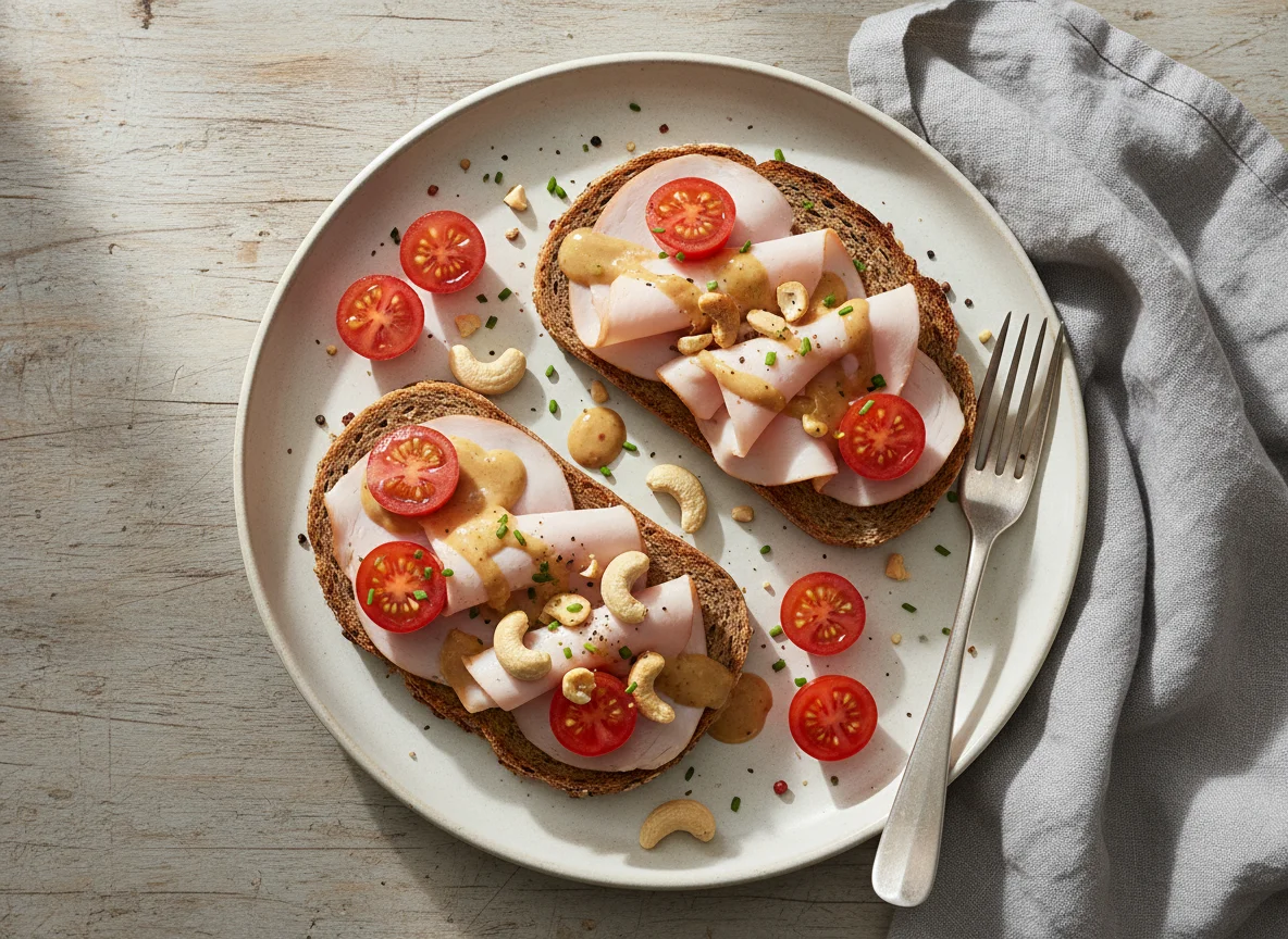 Vollkornbrot mit Putenbrust, Honig-Senf-Sauce, Kirschtomaten und Cashewkernen photo