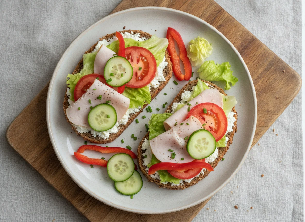 Vollkornbrot mit Putenbrust, Hüttenkäse und Gemüse photo