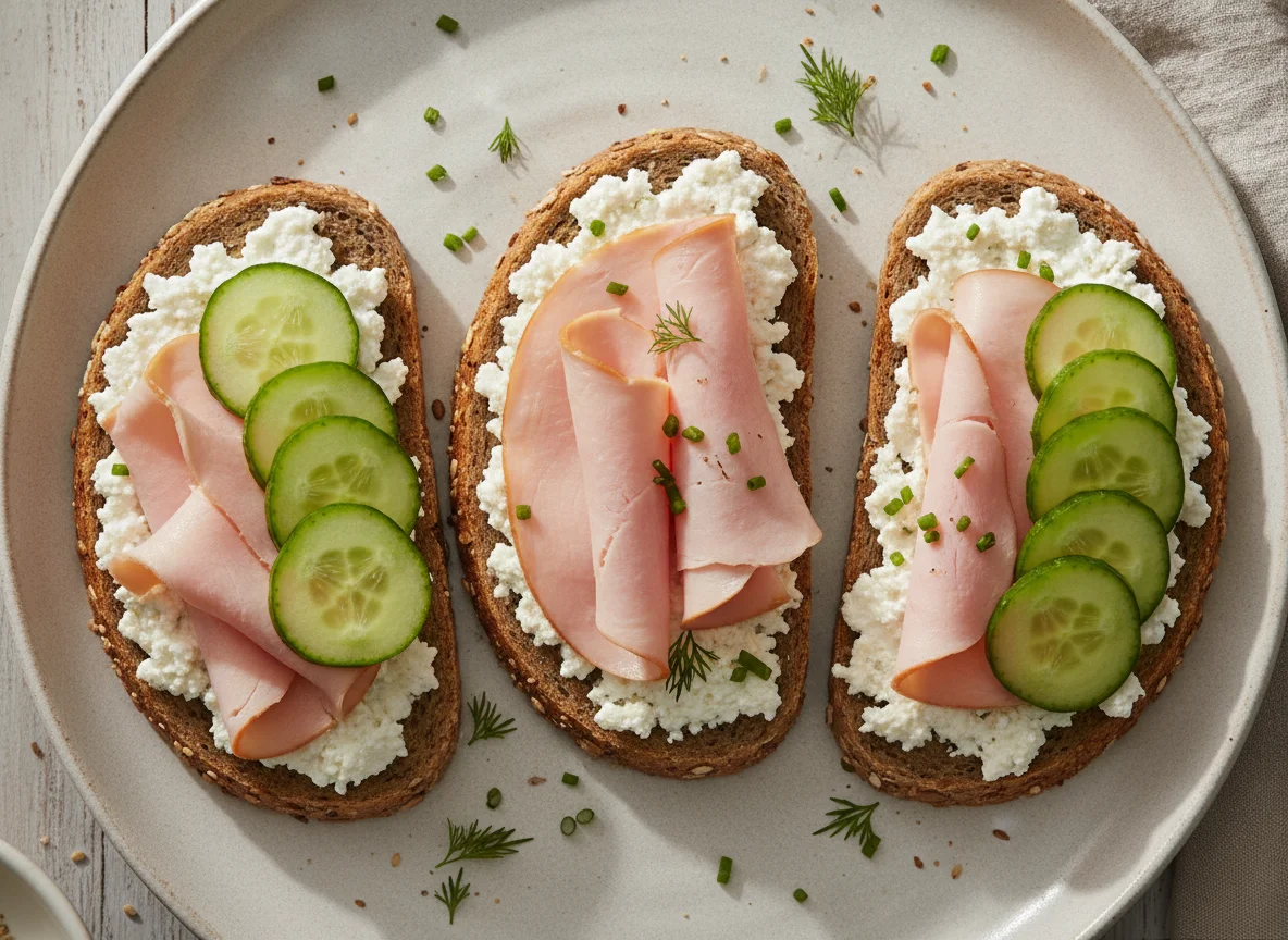 Vollkornbrot mit Putenbrust, Hüttenkäse und Gurke photo