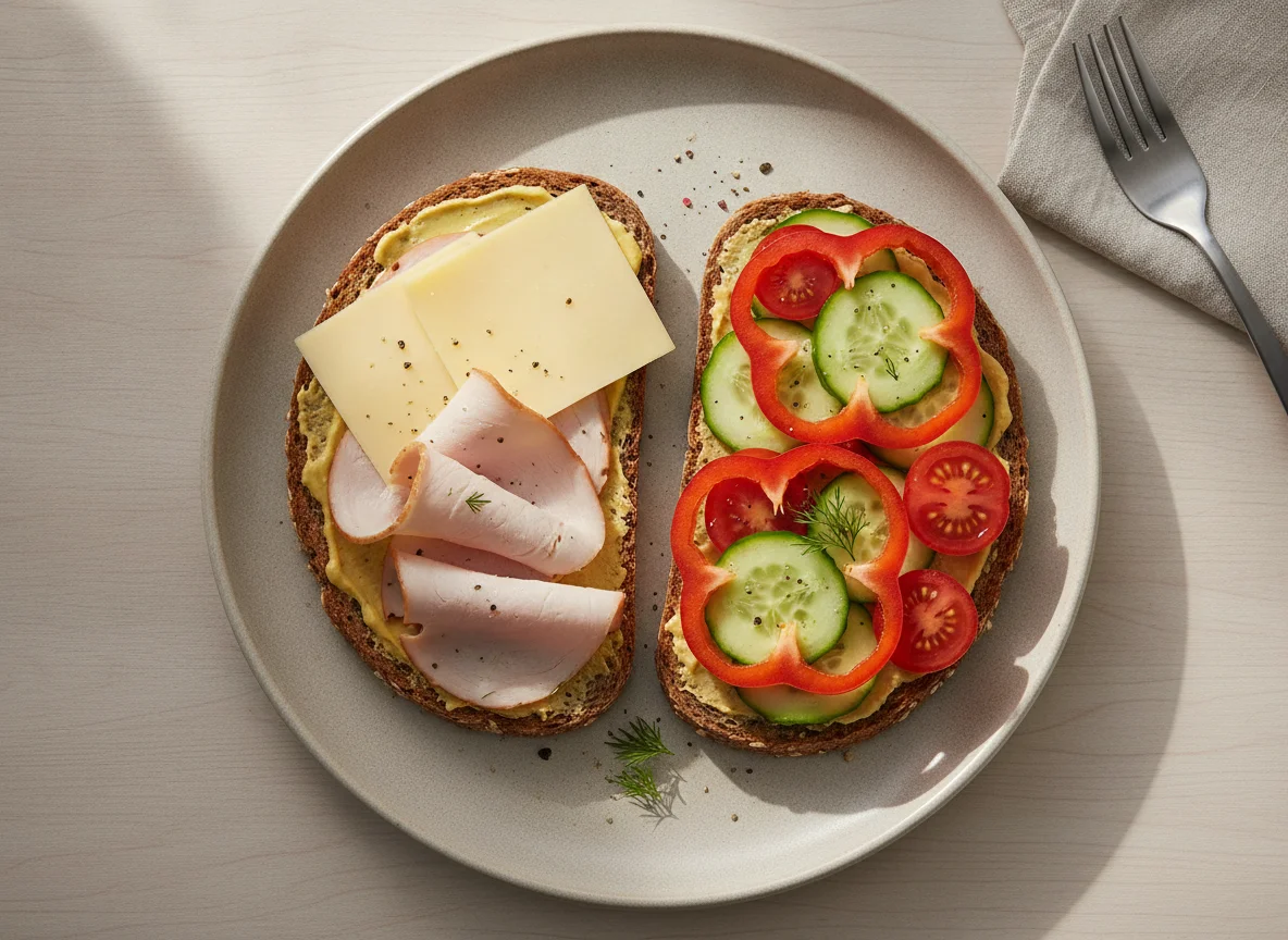 Vollkornbrot mit Putenbrust, Käse und Gemüse photo