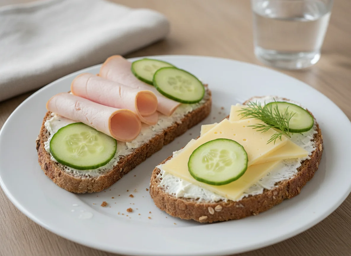 Vollkornbrot mit Putenbrust, Käse und Gurke photo