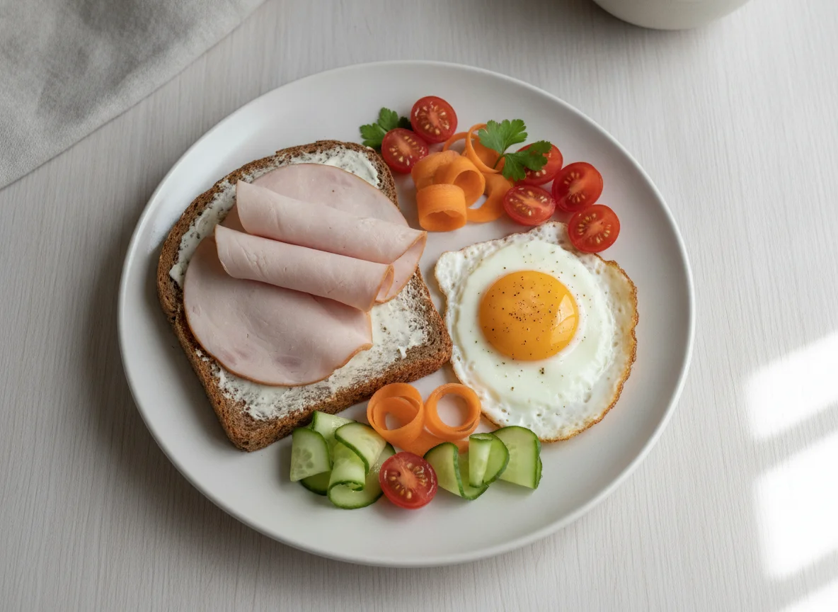 Vollkornbrot mit Putenbrust, Spiegelei und Gemüse photo