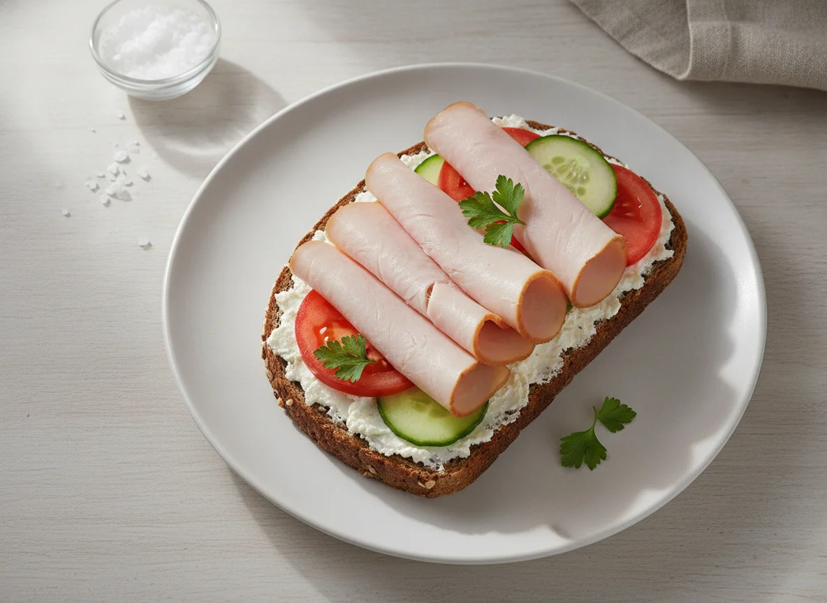Vollkornbrot mit Putenbrust, Tomaten und Gurken photo