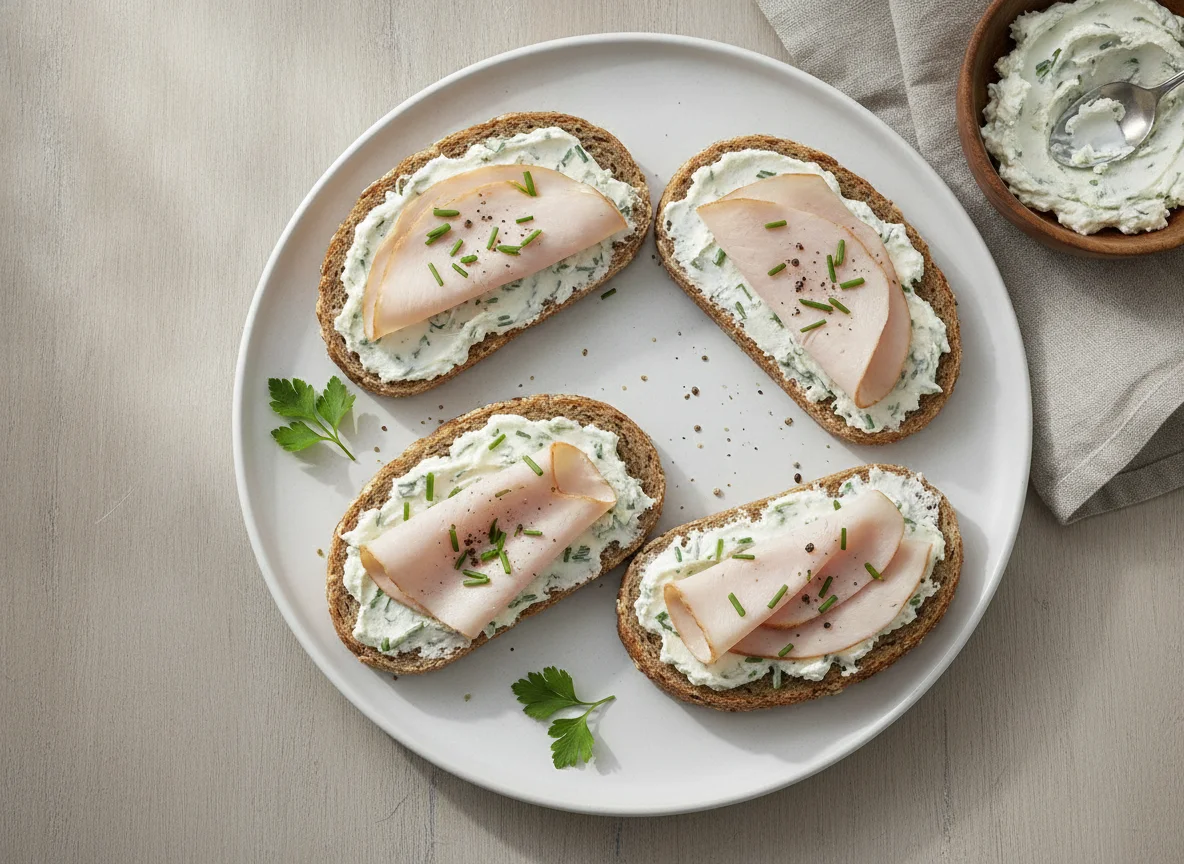 Vollkornbrot mit Putenbrust und Aufstrich photo