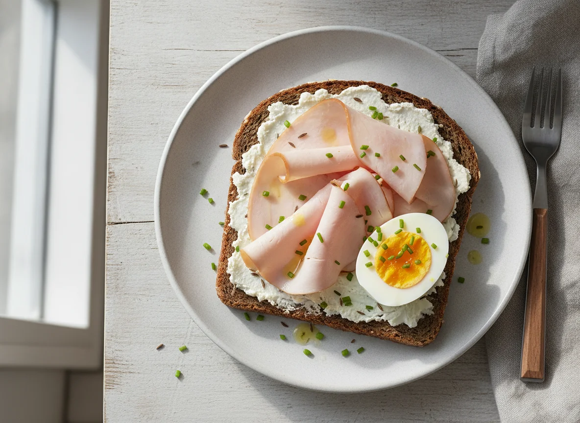 Vollkornbrot mit Putenbrust und Ei photo