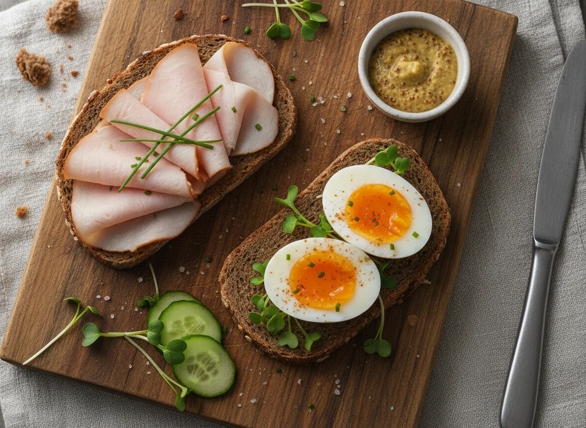 Vollkornbrot mit Putenbrust und gekochtem Ei photo