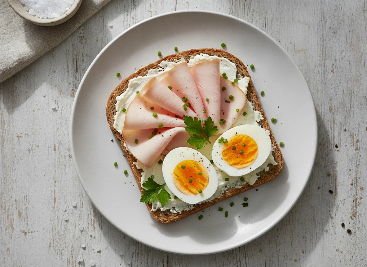 Vollkornbrot mit Putenbrust und gekochten Eiern photo