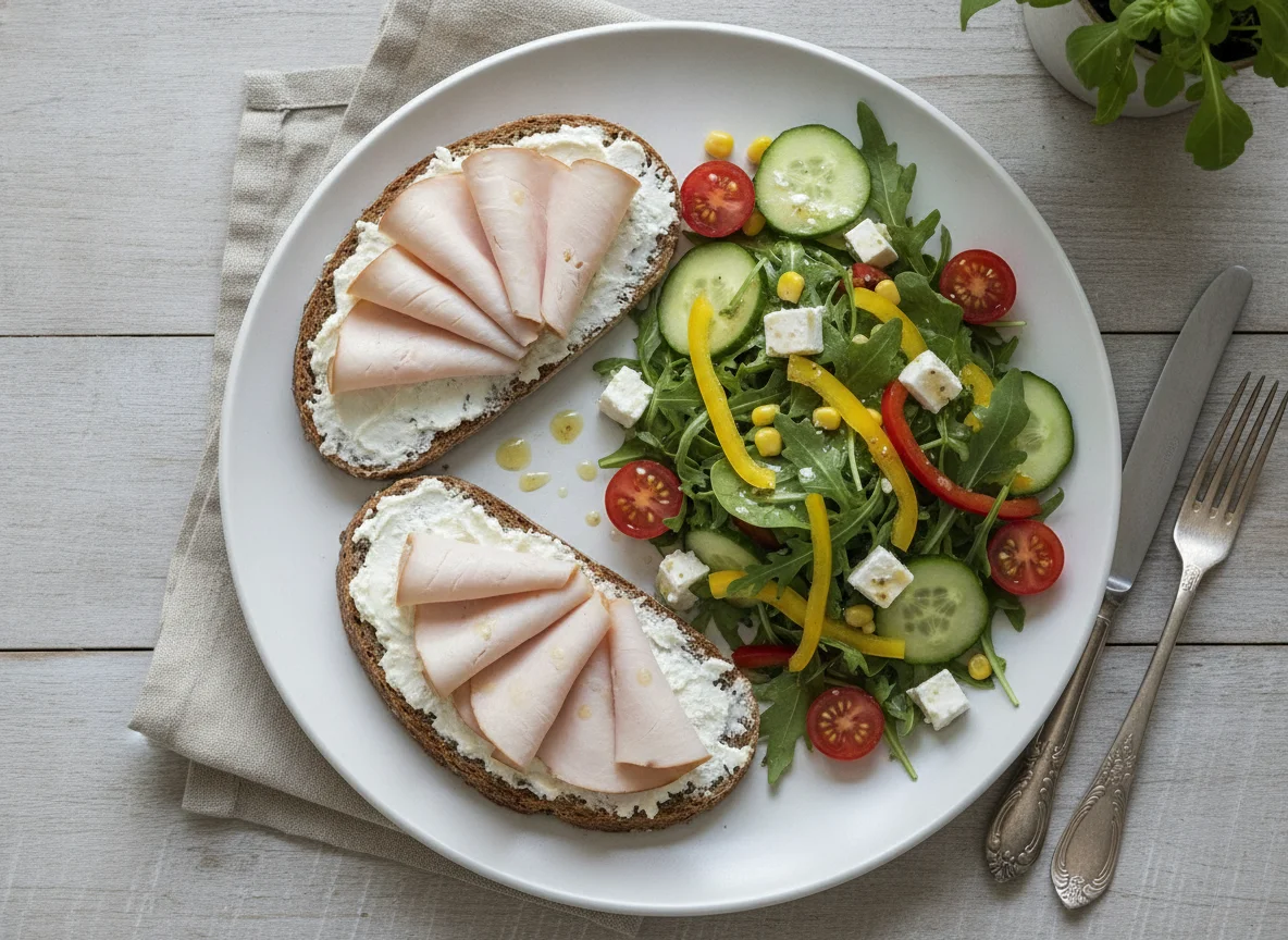 Vollkornbrot mit Putenbrust und gemischtem Salat photo